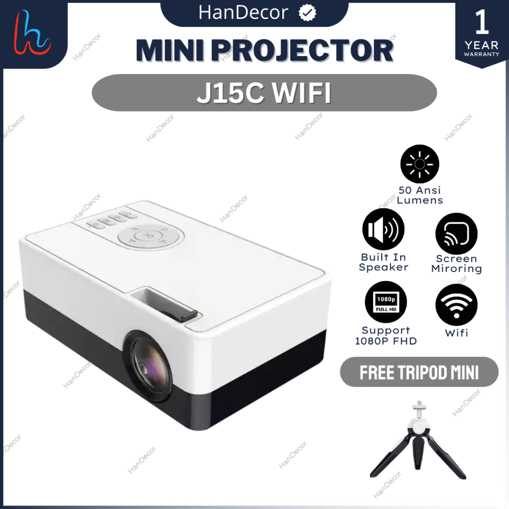 Proyektor J15C Wifi 50 Ansi Mini Portable Screen Mirorring | Proyektor J15C Wifi Led Mini Full HD | 