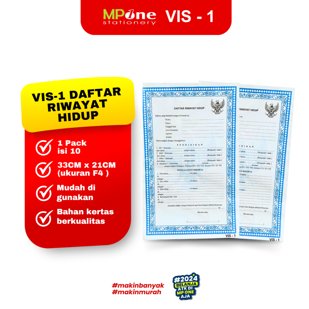 

(1 PACK) isi 10 Lembar) VIS-1 Daftar Riwayat Hidup / Formulir Daftar Riwayat Hidup / Surat Lamaran Kerja