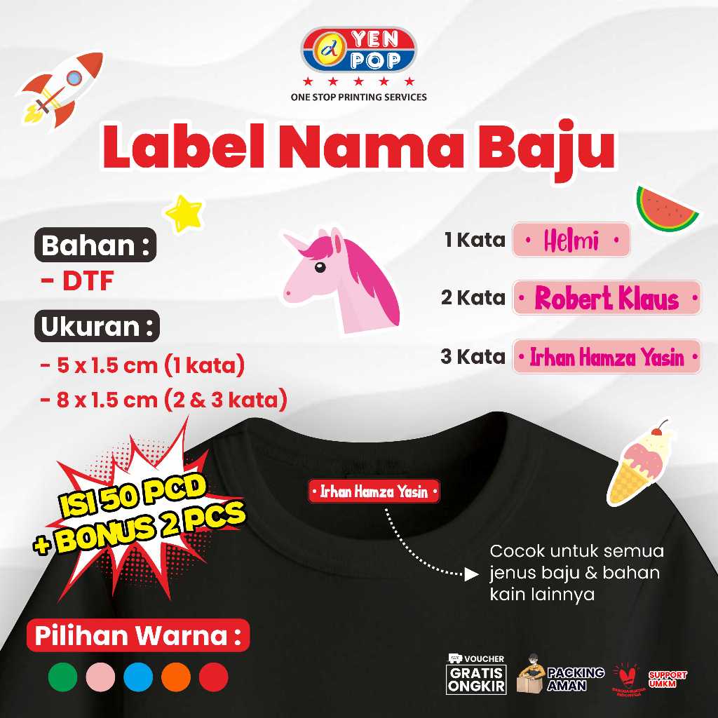 

Sticker Label Baju, Sticker Nama Label Printing Kain / Kaos Sablon Setrika Isi 50Pcs+2Pcs