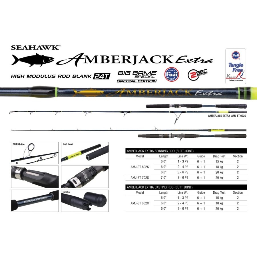 Joran Seahawk Amberjack Extra Spinning Baitcasting BC 180 cm 602 PE 1-3 2-4 3-6 rod jigging laut FUJ