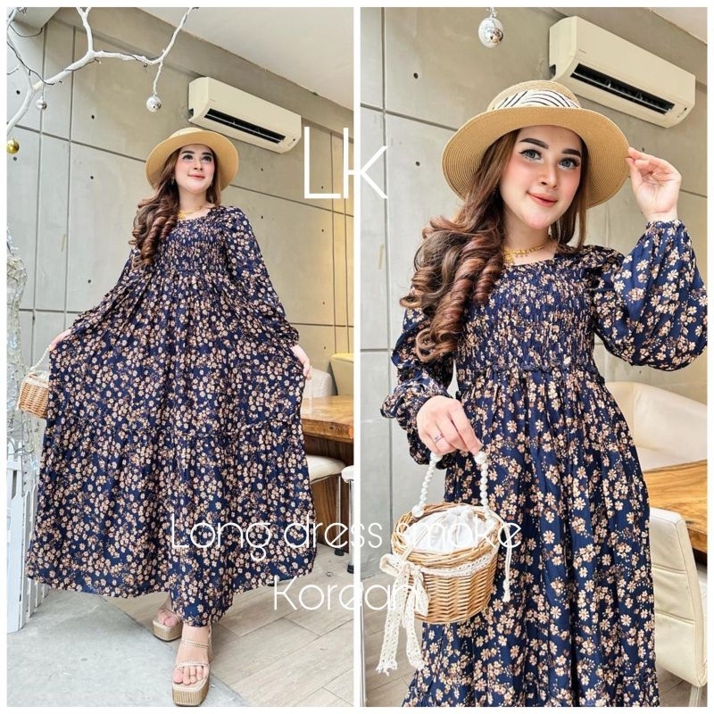 LONG DRESS SMOKE KOREA BUNGA KECIL / DRESS KOREA /DRESS MOTIF