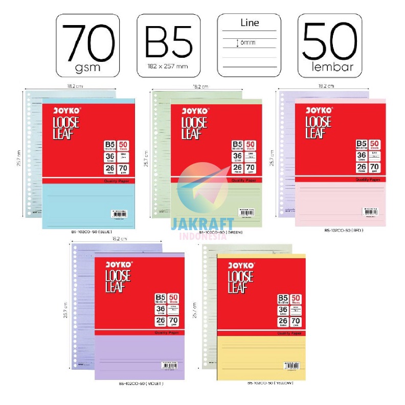 

KUALITAS OKE 5 Lembar Kertas Binder Note JOYKO Loose Leaf B5 Warna Pastel Lengkap 7 Gsm 26 Lubang