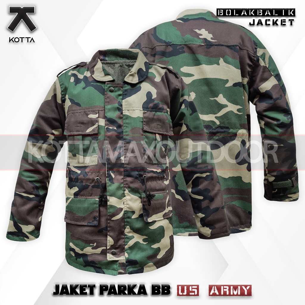 JAKET PARKA BOLAK BALIK TACTICAL LORENG US NATO WOODLAND ARMY TERBARU BANSER