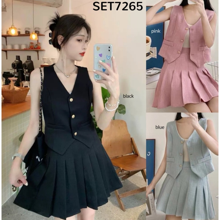 HMC- S7265 EONIE TWEED VEST WITH PLEATED SKIRT SET