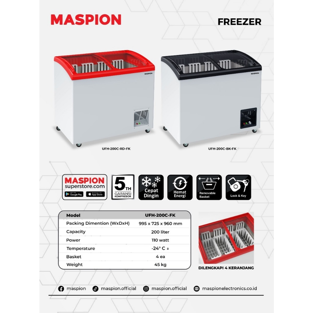Freezer Sliding Glass Maspion UFH 200C - Freezer Kaca Sliding 200 Liter