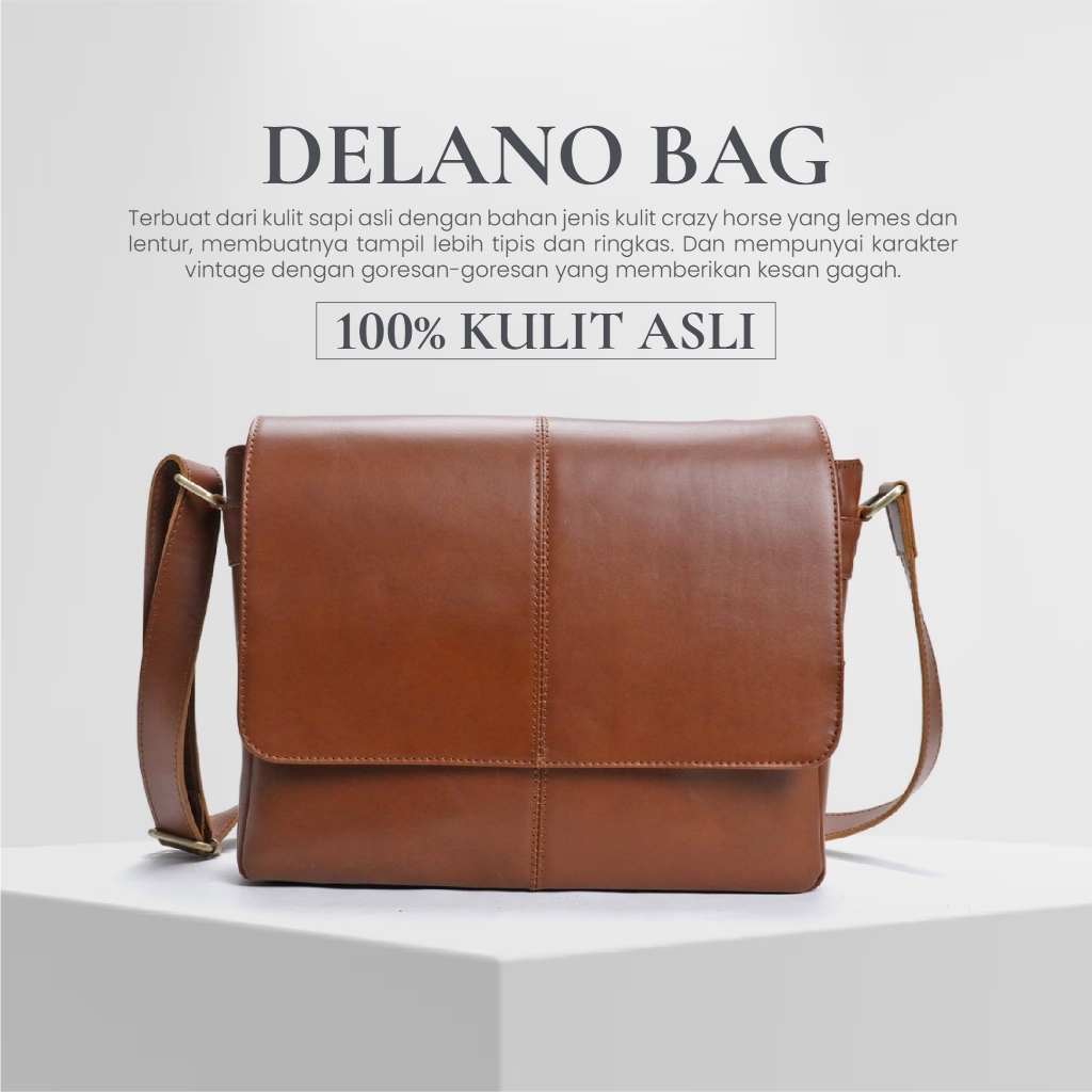 Revele Leather DELANO Tas Selempang Messenger Kerja Laptop Kulit Asli Pria Crazy Horse