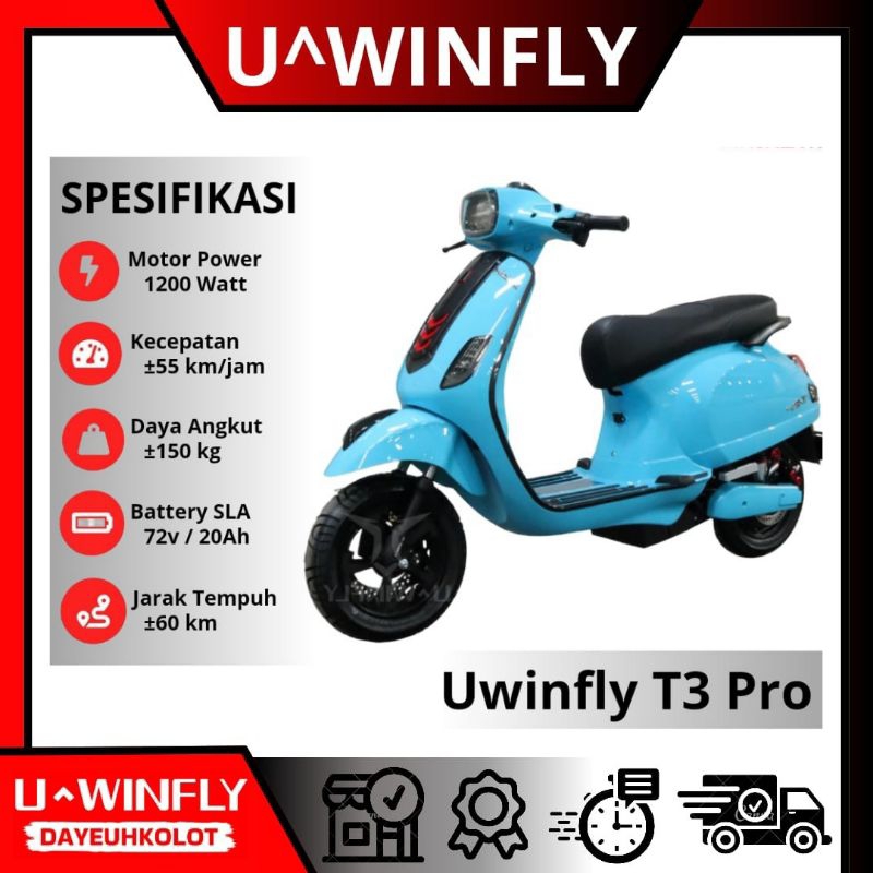 Motor Listrik Uwinfly T3 Pro Biru 1200Watt 72V 20Ah Bergaransi Resmi