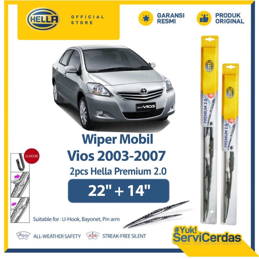 Wiper Mobil TOYOTA Vios 2003-2007 22” + 14” (2pcs) - HELLA Premium 2.0
