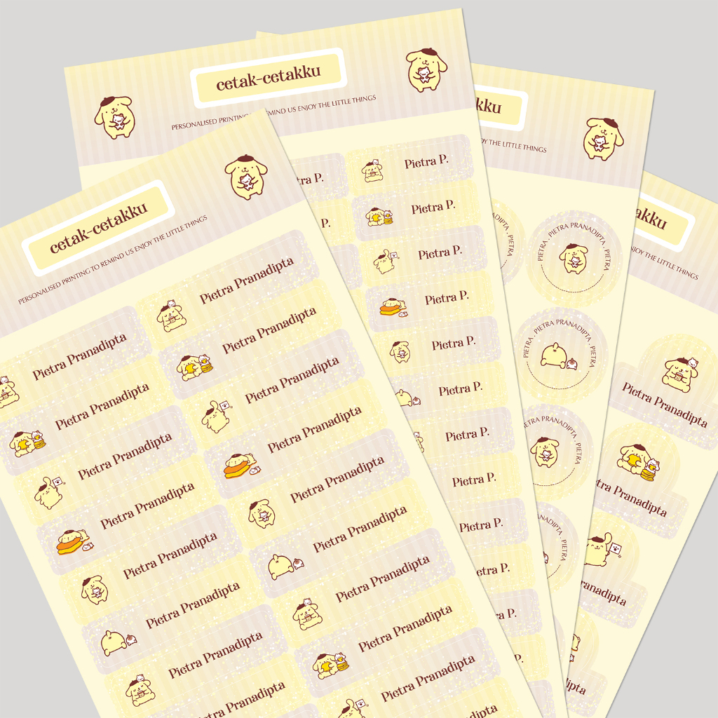 

POMPOMPURIN / STICKER NAMA COMBO PACK - 103 pcs (4 bentuk , 4 ukuran) / Sticker Vinyl Waterproof (tahan air & anti sobek) / Label Sekolah / Label Nama Anak