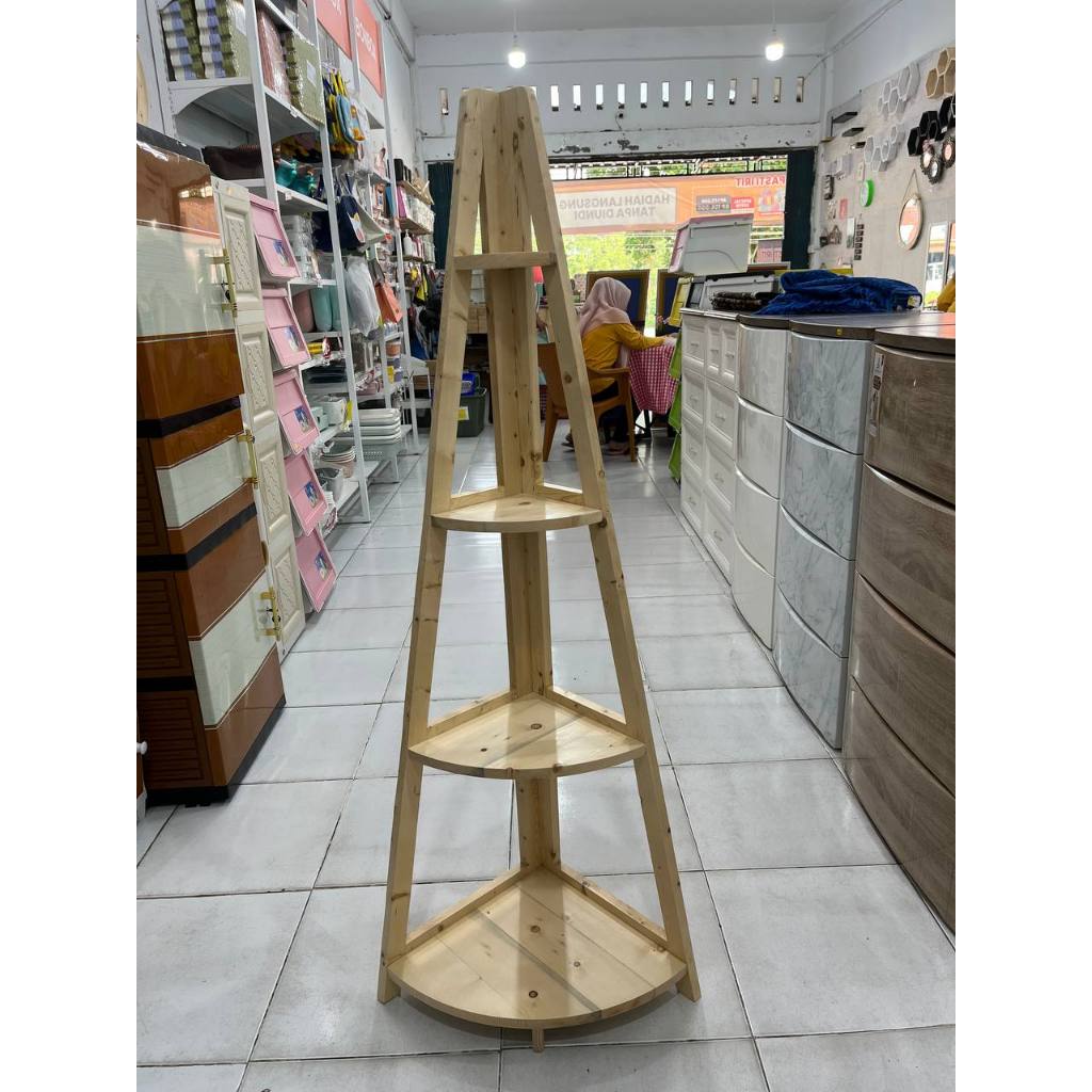 Rak Lerberg Sudut 4 Tingkat / Rak Kayu Jati Belanda Minimalis / Rak Kayu Sudut Segitiga 4 Tingkat / 