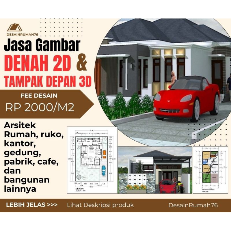 JASA DESAIN DENAH 2D + TAMPAK MUKA 3D. Arsitek rumah. desain rumah 3D. Jasa desain rumah