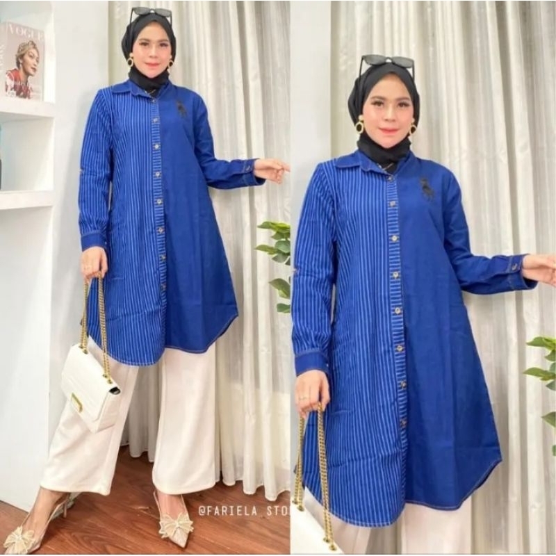 Tunik Dres Jeans kombinasi salur Lengan Panjang dan Pendek