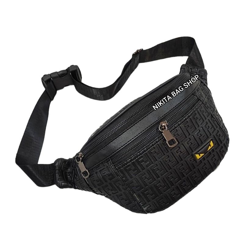 Tas waistbag full black embos FF res depan / tas pinggang pria dan wanita