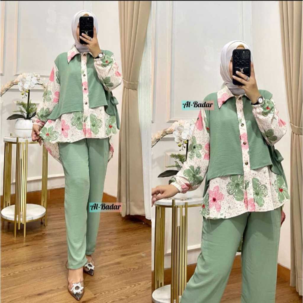 BAJU SETELAN WANITA BAHAN CRINKLE TERBARU MOTIF BUNGA