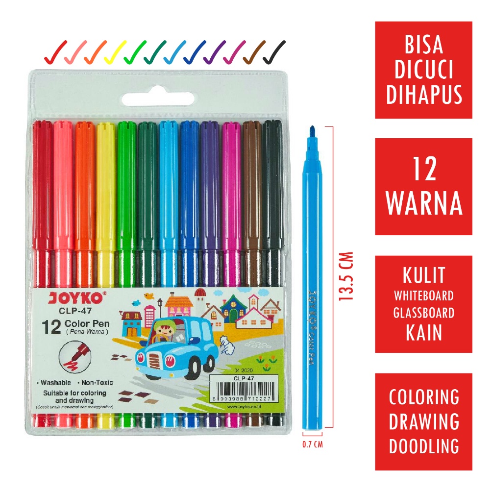

BOMBASTIS 12 Pcs Spidol Bisa Dicuci Dihapus Set 12 Warna JOYKO CLP47 Washable Color Pen Marker Serbaguna