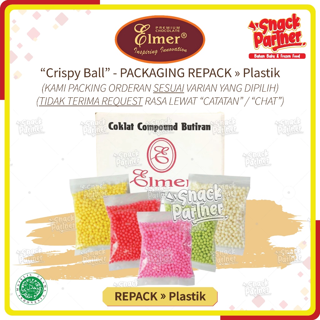 

ELMER CRISPY BALL Repack 100 / 250 / 500 GR - Bola Crispi Chocolate Coklat Dark Choco Grape Anggur Strawberry Stroberi White Leman Melon Banana Pisang