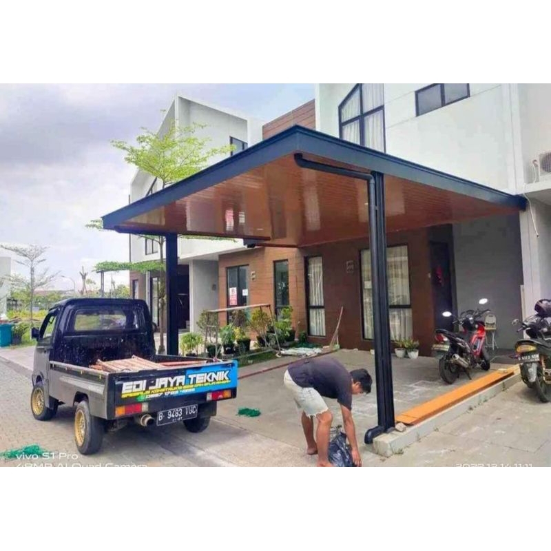 kanopi minimalis rangka baja ringan atap spandek + plafon pvc