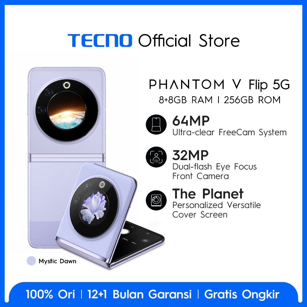 TECNO PHANTOM V Flip 5G - 8+8GB*+256GB, 64MP Ultra-clear Cam, 120Hz Screen, 4000mAh+45W Flash Charging, NFC, The Planet Cover Screen, 32MP Dual-flash Selfie, Android 13, Garansi 12+1 Bulan-M Dawn AD11 8+256