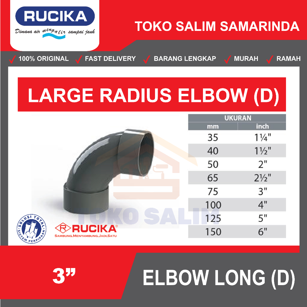 Large Radius Elbow Rucika JIS D 3 Inch | Knee L Long Rucika D 3 Inci