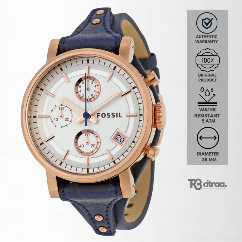 jam tangan fashion wanita Fossil ladies Boyfriend analog strap kulit cewek Chronograph Silver Dial B