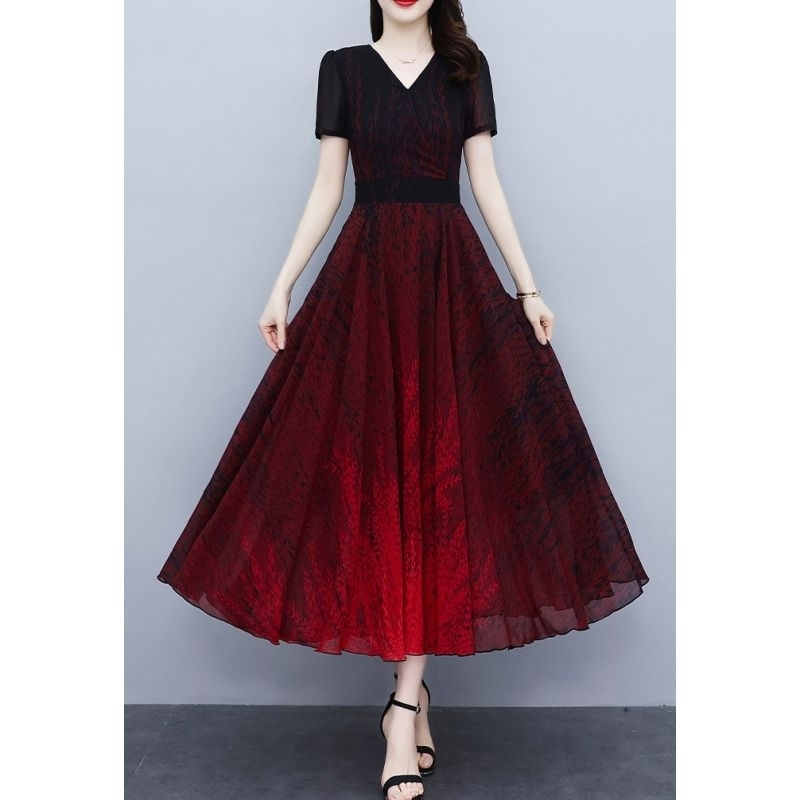 Lond dress wanita hitam merah cantik Korea lengan pendek elegant