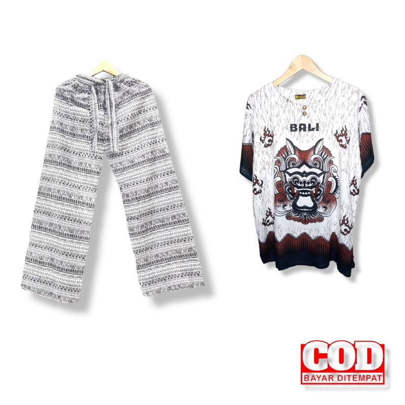 Setelan baju barong bali putih/ setelan celana panjang pria wanita/ setelan baju barong bali dasar p
