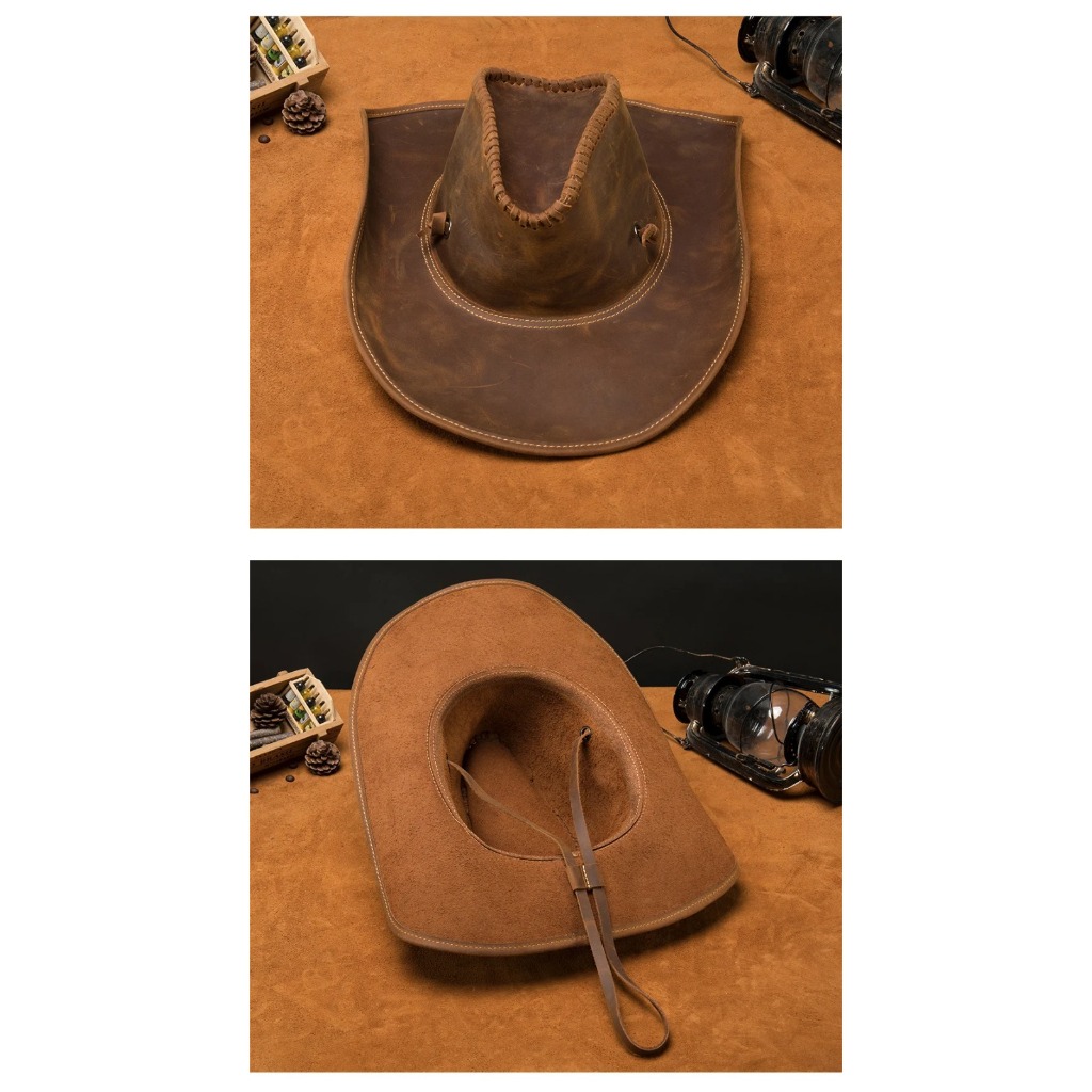 Topi koboy Kulit Asli Crazy Horse Vintage Gaya Australia Topi Koboi