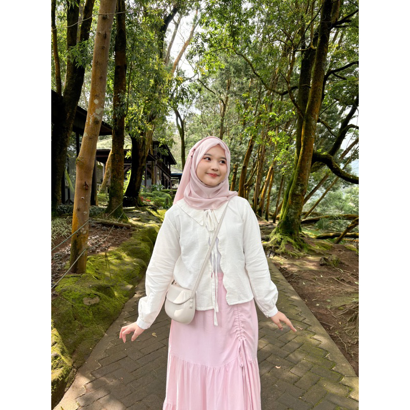 Nara Outer Zestory Outer Coquette Model Pita puter gelombang Outer Crop Lengan Balon Outer Remaja Mo