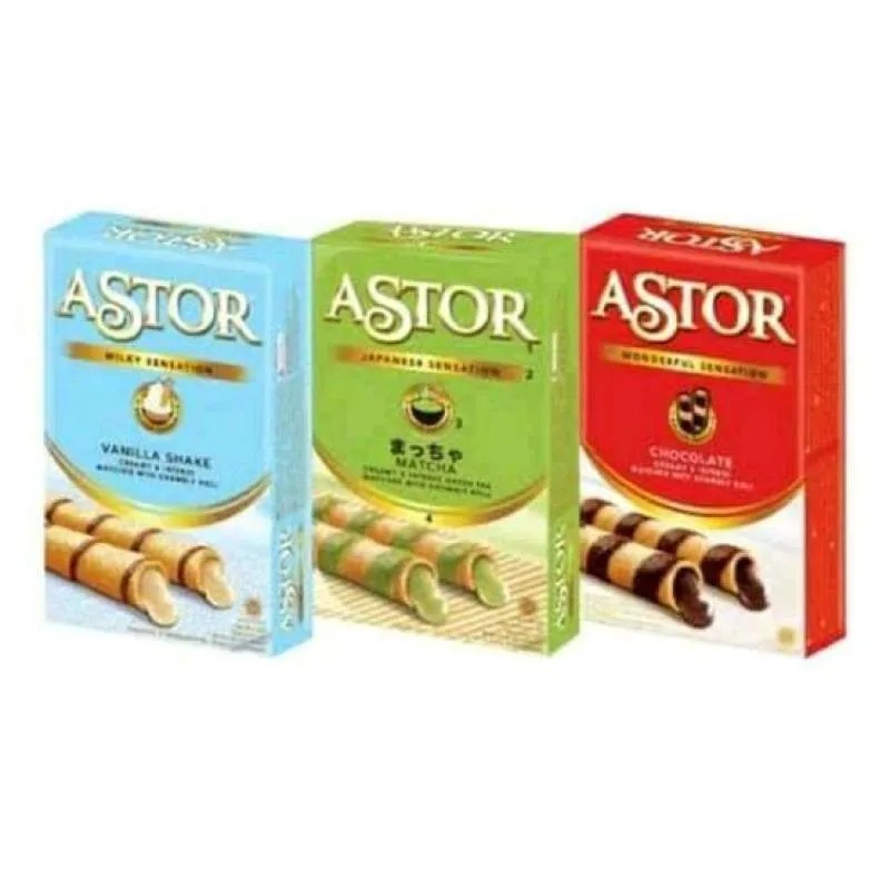 

Biskuit Camilan Astor Wafer Roll Stick Double Chocolate / Coklat, Matcha, Vanilla Shake 40 Gram