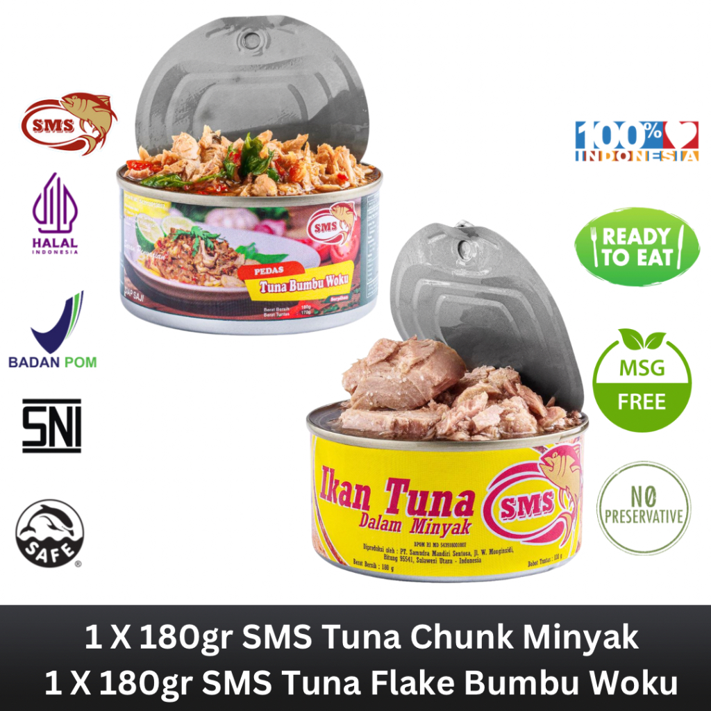

SMS Tuna Kaleng Chunk Dalam Minyak 180g & SMS Tuna Flake Dalam Bumbu Woku 180g