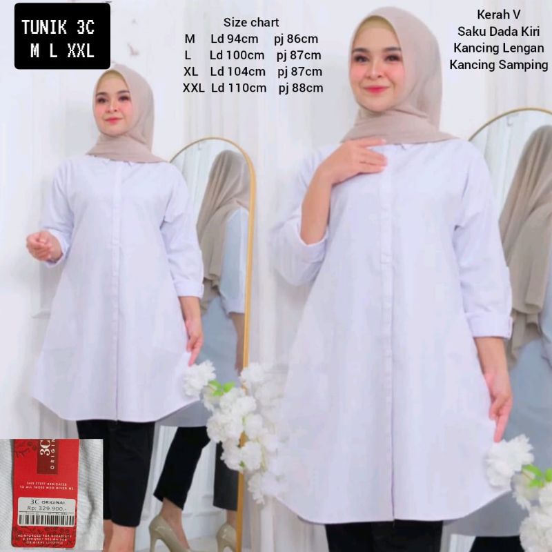 Kemeja tunik polos putih three coin original