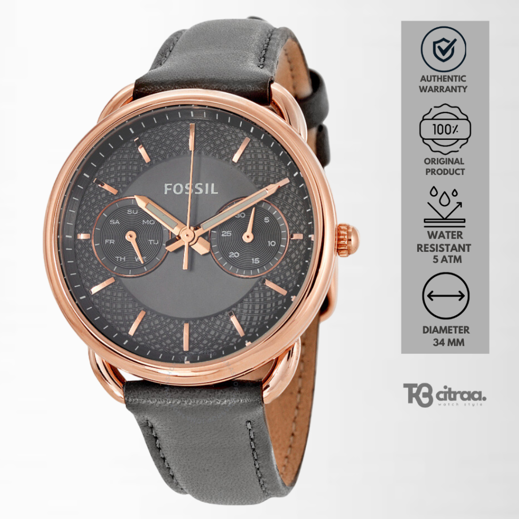 jam tangan fashion wanita Fossil Ladies Tailor analog strap kulit chronograph Multifunction day date