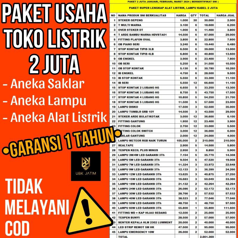 PAKET BELANJA USAHA ALAT LISTRIK UBK 2 JUTA