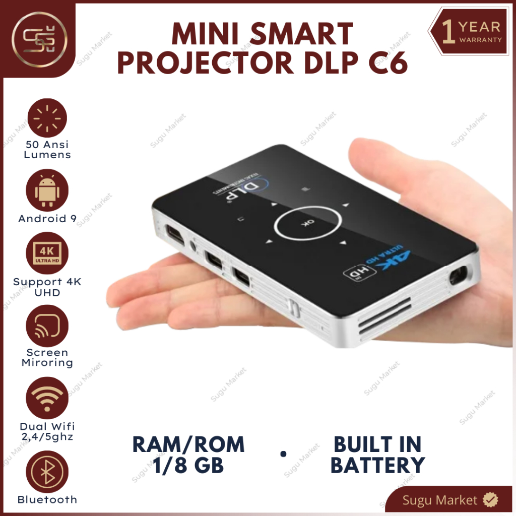 DLP C6 / Projector DLP C6 / C6 DLP Projector / Mini Smart Proyektor Android S905X 4Core / Mini DLP