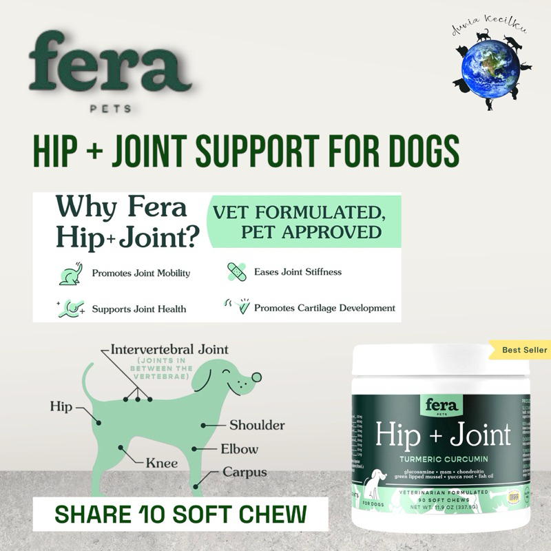 Fera Pets Hip Joint Support For Dogs - Glucosamin , MSM , Dog Dysplasia (SHARE 10 SOFT CHEW)