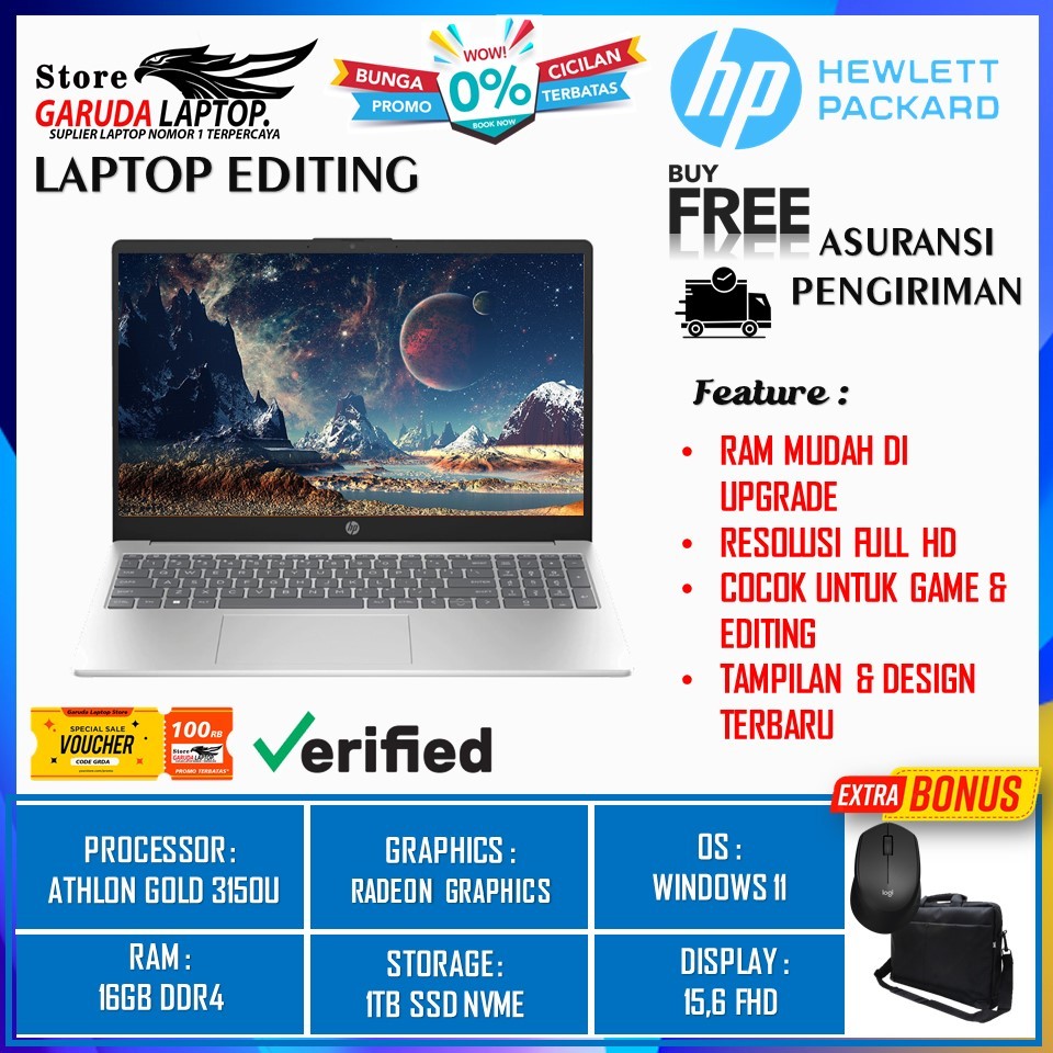 LAPTOP GAMING SLIM TERBARU HP 15 AMD ATHLON 3150U 16GB 1TB SSD15.6 FHD WIN11HOME