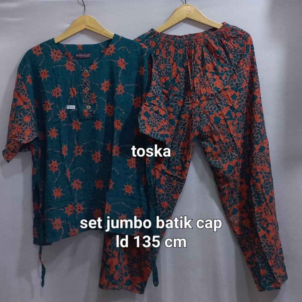 Setelan baju & celana jumbo wanita terbaru batik cap lengan 3/4 ld 135 cm