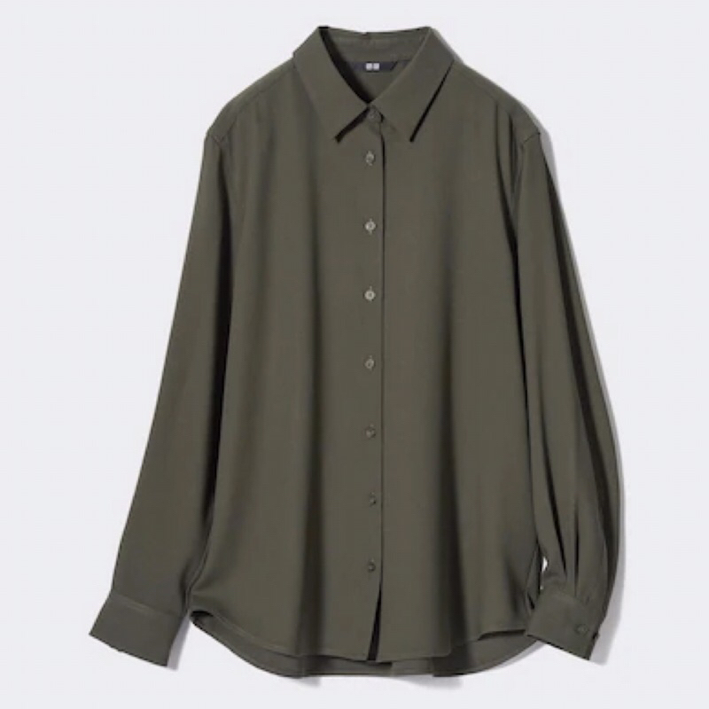 UNIQLO Women Blouse Kemeja Blus Rayon Wanita Lengan Panjang Olive
