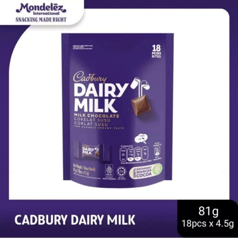 

Cadbury Dairy Milk Chocolate Cokelat Susu Mini Bites Sharebag 81g (18pcs x 4.5g)