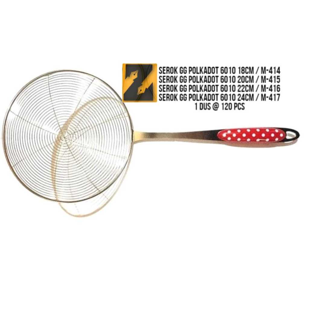 Serok Gorengan Tebal/ Serok Gagang Polkadot/ Saringan Minyak Goreng Stainless/ Serok Parabola 24CM I