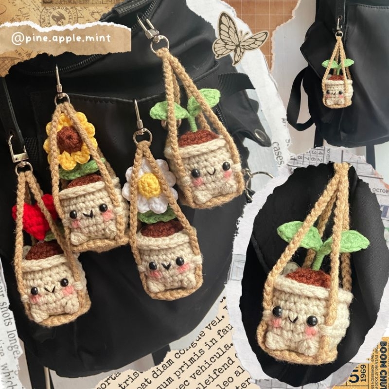 boneka pot gantung rajut | gantungan kunci rajut | bunga pot rajut | gantungan tas rajut | crochet k