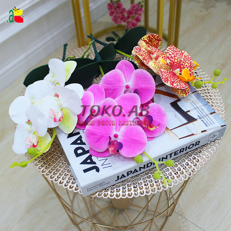 BUNGA ANGGREK PLASTIK DAUN K4 B8029 BESAR BUNGA PLASTIK ARTIFICIAL DEKORASI RUMAH MEJA