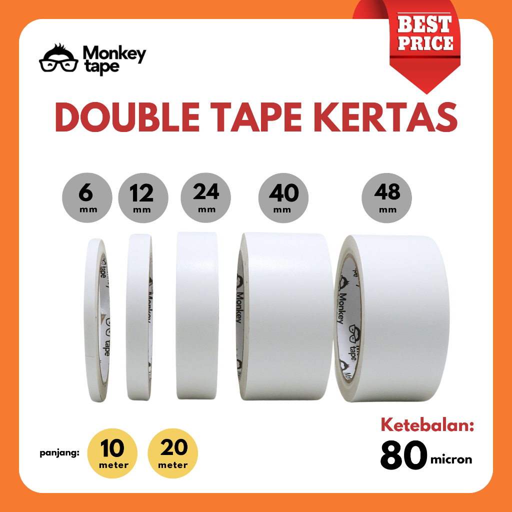 

Double Tape Kertas MERK MONKEY TAPE 12mm, 24mm, 40mm, 48mm (Panjang 10 meter & 20 meter)