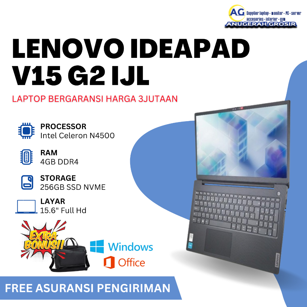 Laptop BARU Lenovo Ideapad V15 - G2 IJL intel N4500 ram 4gb ssd 256gb nvme 15,6" - Laptop Murah 3 Ju