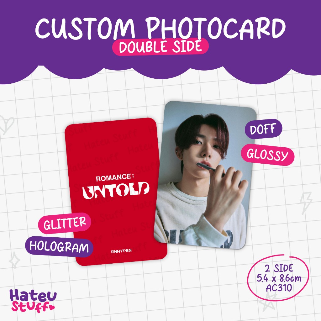 Cetak Photocard Custom Rounded 2 Sisi Laminasi Glossy Doff Glitter Hologram
