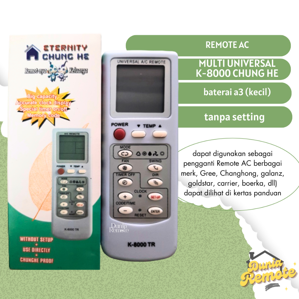 Remote Remot AC MULTI UNIVERSAL K-8000 CHUNG HE berbagai merk (changhong, aux, daikin, doctor, dll)