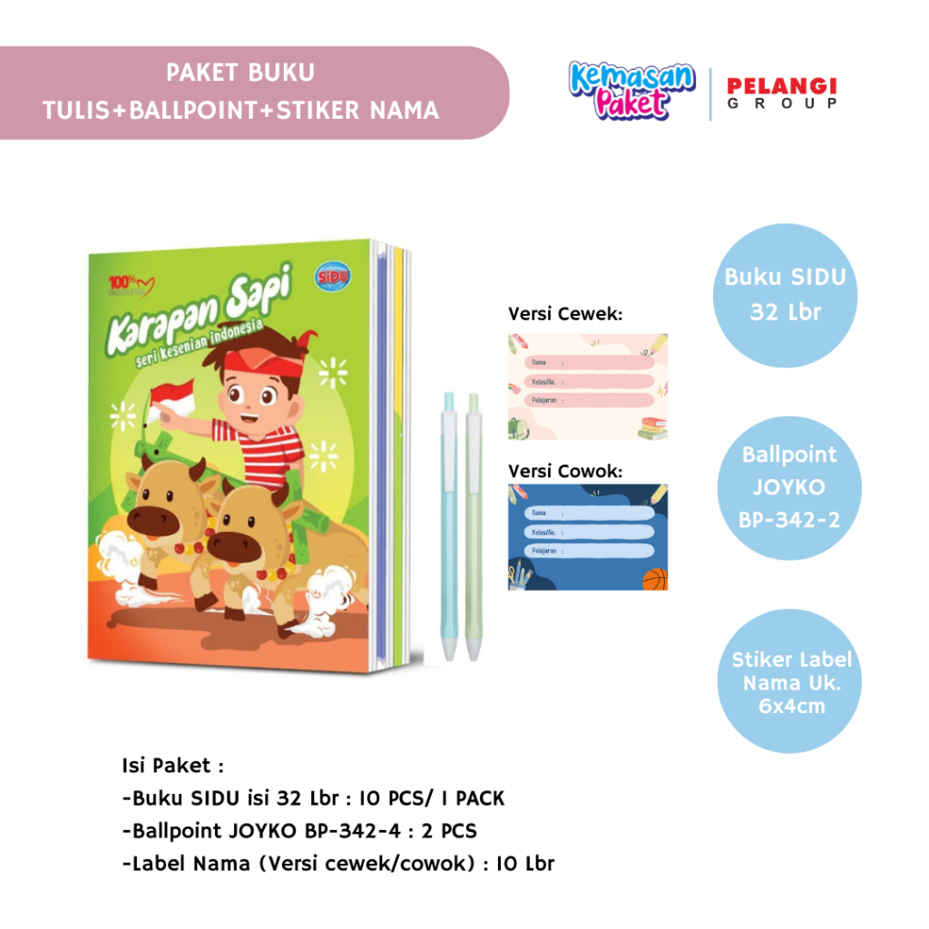 

PAKET HEMAT BUKU TULIS SEKOLAH SIDU PACK BALLPOINT JOYKO dan STIKER LABEL NAMA