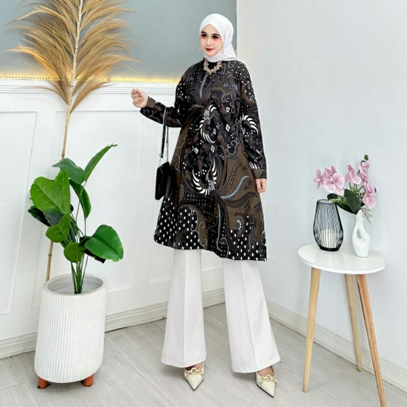 HOT DEALS TUNIK BATIK WANITA MODERN ATASAN LENGAN PANJANG SERAGAM KANTOR GURU PEREMPUAN KERJA