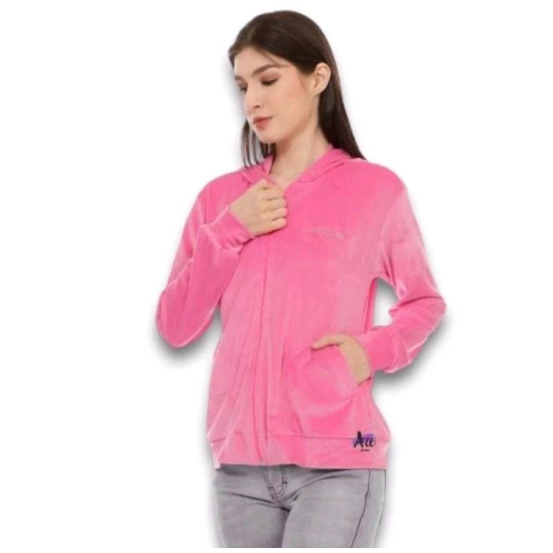 Jaket Bludru Bebe Wanita Zipper Hoodie