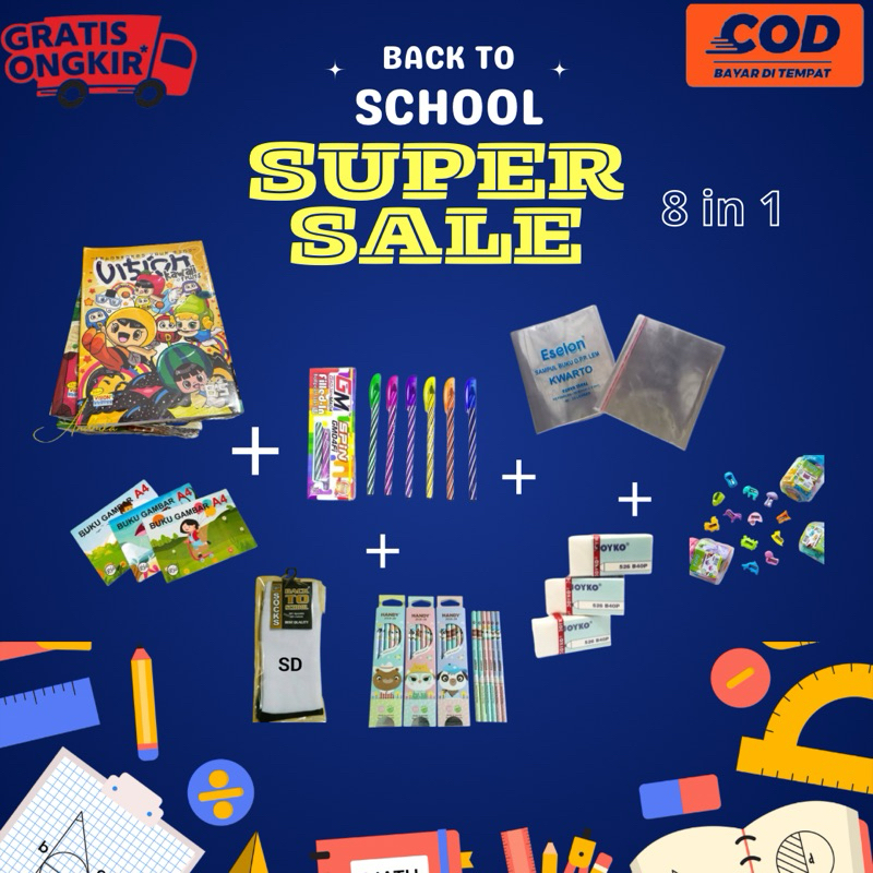 

PAKET HEMAT MASUK SD / PAKET ALAT TULIS MURAH MERIAH / PROMO 8 in 1 PAKET ALAT TULIS BACK TO SCHOOL